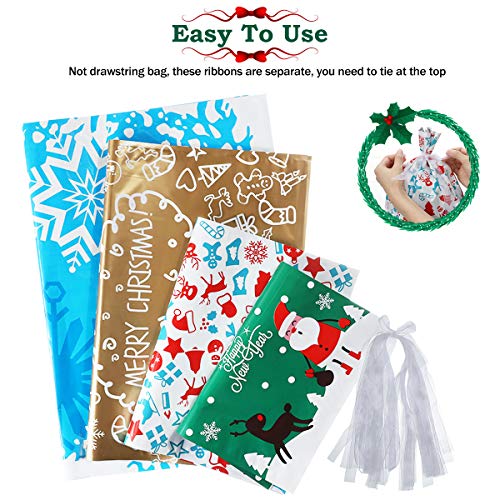 Large Gift Wrapping Bags, Godmorn 30Pcs Xmas Present Wrapping Bag with Ribbon Ties 4 Sizes 4 Pattern, Gold Blue White Green, Big Holiday Treats Party Favor Pouch Goody Bag