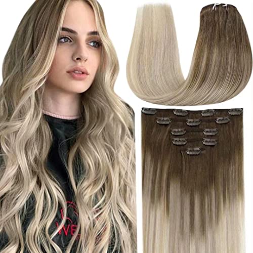 LaaVoo Human Hair Clip in Extensions Ombre Platinum Blonde Mix Light Brown Balayage Clip in Hair Extensions Real Human Hair Double Weft Remy Hair 22 Inch 5pcs 70g