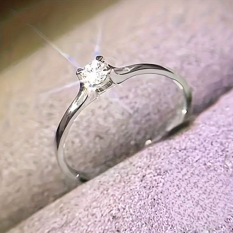 Women's Engagement Ring Classic Simple 4 Prong Synthetic Zirconia Single Stone Thin Band for Proposal Wedding Party