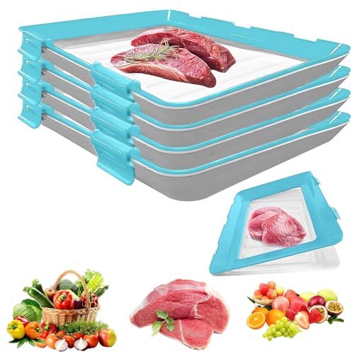 Stretch Storage Fresh Silicone Food Trays 4Pcs Cold Meat Containers for Fridge Stackable Vacuum Food Preservation Tray with Elastic Lid Freezer Storage Boxes for Meat Vegetable Fruit (Blue)