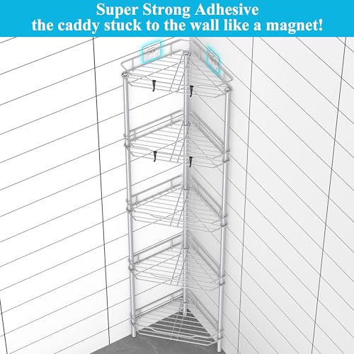 Image of HuggieGems 5 Tier Floor Standing Corner Shower Caddy Organizer Shelf with Hooks, Bathroom Shelves Stand Rack, Silver