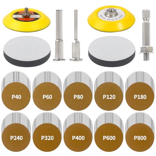 107PCS 3 Inch Premium Gold Sanding Discs, Hook and Loop Sandpaper Sander for Drill Sanding Attachment, Polishing Kit for Dremel Accessories Grinder Rotary Tools, 40-800 Grit for Automotive Woodworking