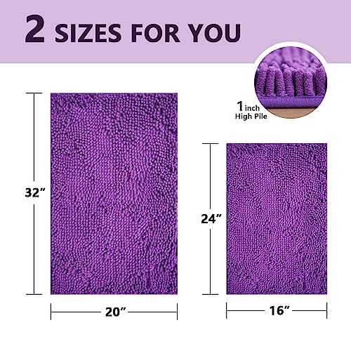 Image of Bathroom Rugs Sets 2 Piece, Extra Soft Chenille Bath Mat Ultra Absorbent Bathroom Rug, Bathroom Mat with Sturdy PVC Non-Slip Bottom, Machine Washable Bath Rugs (20x32 Inch + 16x24 Inch, Purple)