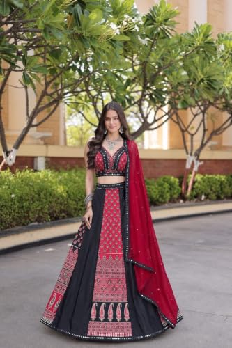 Image of Women's Semi Stitched Lehenga Choli Set in French Crepe | Printed Work Real Mirror Blouse | Georgette Dupatta with Lace Border | Festive Wedding Party Ethnic Outfit