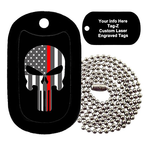Tag-Z Military Dog Tags - Thin RED LINE Flag Evil Skull - Engraved Military Dog Tag Necklace