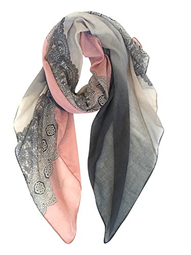 DAMILY Foulard Femme Motif de Dentelle Écharpe Châle Doux, Gris+rose, 90 x 180 cm