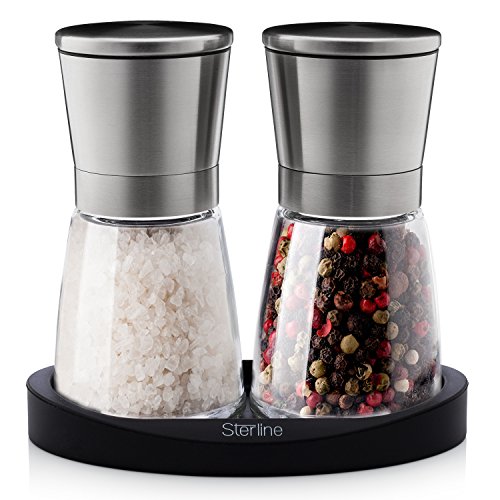 Sterline Premium Salt and Pepper Grinder Shaker Set, Adjustable Fine Precision Grinding, Manual Refillable Spice Mill Set for Black Pepper and Rock Salt