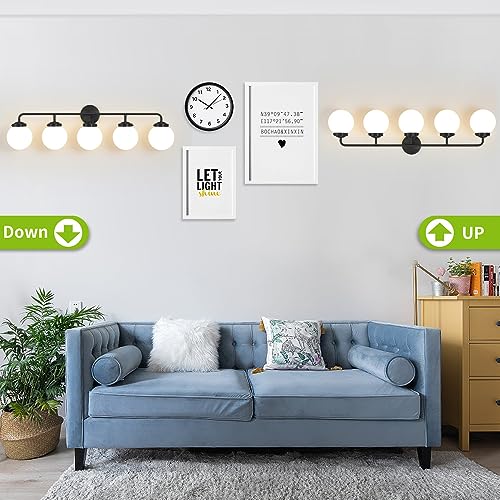 Image of Bathroom Light Fixtures 39in 5-Light Matte Black Vanity Lights for Mirror | Bathroom Lighting Fixtures over Mirror, ETL, Brushed Brass Wall Sconce, Dimmable E12 Base Max 60W, Milky Glass Ball Shades