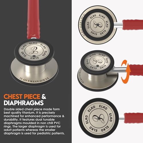 Image of ELKO EL-240 ASTRA III Ti Titanium dual head acoustic stethoscope | Adult & Pediatric Stethoscope with Double-sided Natural Titanium Chestpiece | Two-Way PVC Tubing | Doctors & Medical Students (Red)