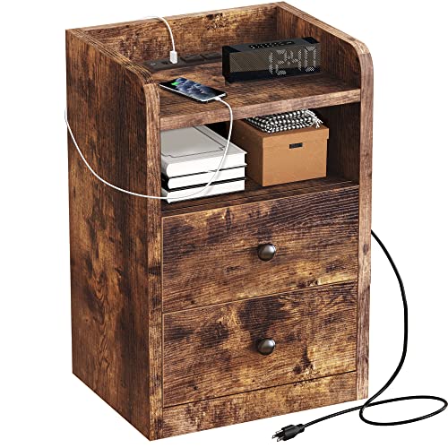 La Mejor Recopilación de Buro Madera al mejor precio. 47 FABATO Buros para recamara - Mesa De Noche De Madera Rustico y Estación De Carga de 2 enchufes y 2 Puertos USB - 2 estantes y 2 cajones