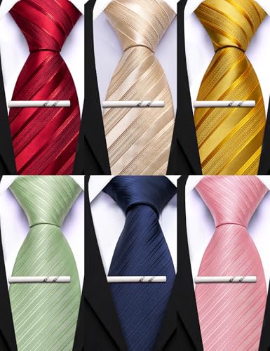 Image of Barry.Wang Mens 6 PCS Ties Silk Striped Paisley Check Floral Necktie Silky Woven Wedding Business Party Ties 3.34 inch