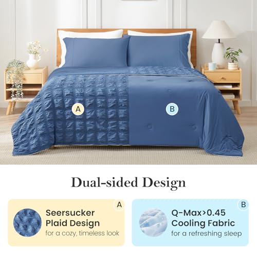Cozy Bliss Cooling Comforter Seersucker Plaid Full, Q-Max 0.4 Reversible Lightweight Cooling Blanket, Breathable Silk Smooth Summer Bedding Quilt for Hot Sleepers Night Sweats Denim Blue