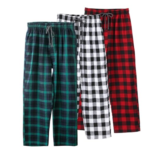 3 Pack Big Boys Pajama Pants,Soft Cotton Plaid Lounge Bottoms 8-17 Years