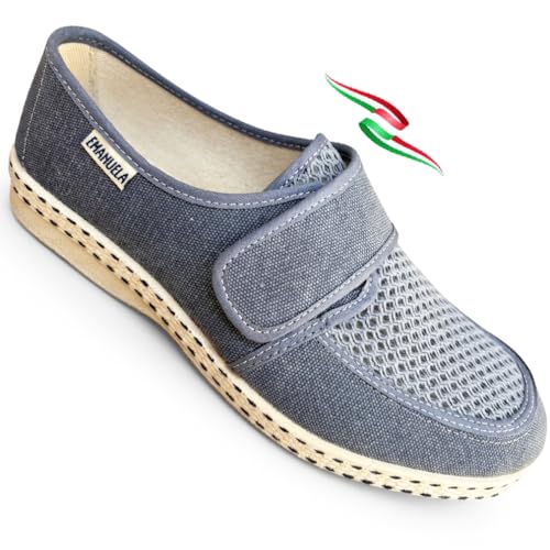Emanuela - Zapatillas de verano para hombre Rímini, de tela de nido de abeja delante con tira de la planta cómoda - Made in Italy, Desierto Avio, 46 EU
