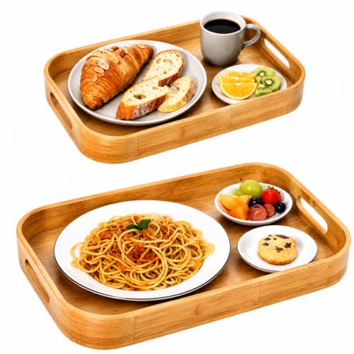 Dicunoy Set of 2 Bamboo Serving Tray, Solid Wood Breakfast Tray with Handles and Arc Angles, Large...