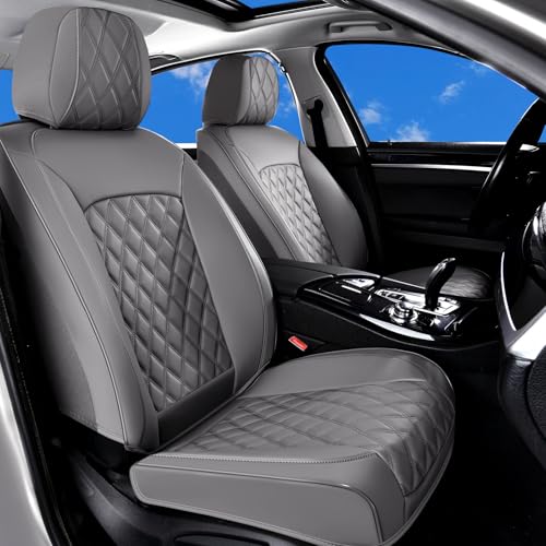 Image of Huidasource Gray Front Seat Covers, Car Seat Covers Front Seats Nappa Leather, Side Elastic Fabric, Compatible with Airbags, Seat Belts, Universal Fit for Most Cars Vans Trucks SUVs (Front Pair /Gray)