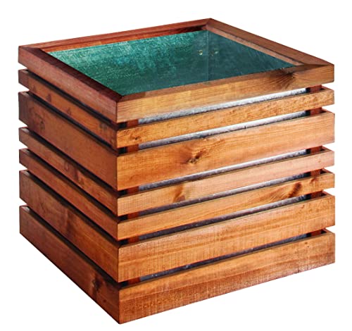 bac à fleurs carré LIGN Z en bois teinté brun Jardipolys | 60 x 60 x 50 cm | 143 L | pot de fleurs carré bi-matière bois et métal| jardinière carrée avec planches en bois teintées brun| pot de plantes décoration pour jardin, terrasse, balcon Cover