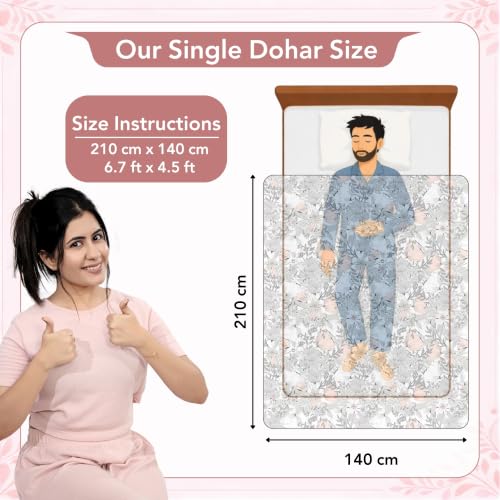 Image of Divine Casa 100% Cotton Reversible Single Bed Dohar | Lightweight AC Blanket | Soft & Breathable Quilt | 210 x 140 CM, Floristry Slate & Coral