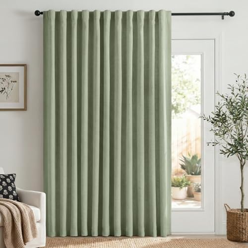 Image of 100% Blackout Shield Linen Blackout Sliding Door Curtains for Living Room, Back Tab /Rod Pocket Thermal Insulated Curtains for Sliding Glass Doors, 1 Panel Set, 100 inch W x 96 inch L, Sage