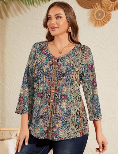 Romanstii Plus Size Tops for Women Womens 2025 Summer 3/4 Sleeve Blouses Dressy Casual V-Neck T-Shirts Pleated Tunic XL-5XL4