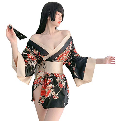 Women\'s Traditional Japanese Kimono Style Robe Yukata Costumes Pajamas Sexy Cosplay (7972-black)