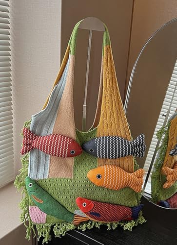 Women's Boho Fish Silhouette Knit Shoulder Bag Fringe Detail Underarm Purse Fashion Shoulder Purse4
