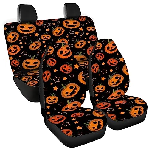 Image of Funny Custom Women Car Seat Cover Full Set Breathable Elastic Fitted Cute Pumpkin Halloween Automotive Seat Protector Non Slip Full Coverage Two Front Seat Covers Rear Back Bench for Most Trucks SUV
