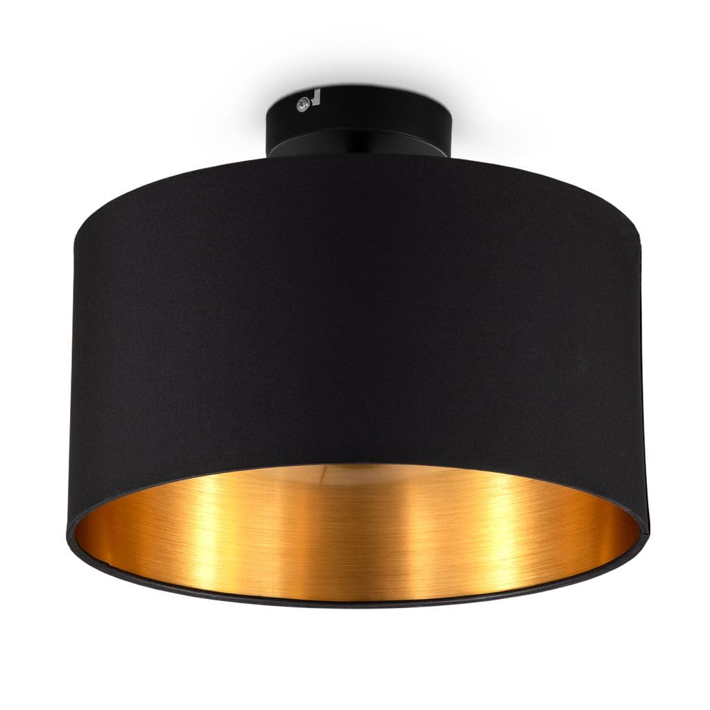 B.K.Licht - Deckenlampe mit Lampenschirm aus Stoff, E27 Fassung, max. 60 Watt, Deckenleuchte, Lampe, Wohnzimmerlampe, Schlafzimmerlampe, Küchenlampe, Deckenbeleuchtung, Retro, 30x24 cm, Schwarz-Gold