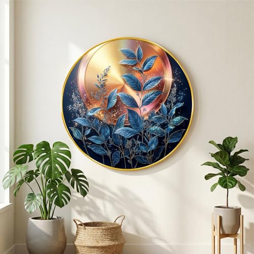 Image of SAF Modern Abstract Leaf Wall Painting with Golden PVC Frame Round Botanical Wall Art Luxury Blue Gold Design for Living Room Bedroom Office Home Decor Gift Item (20 x 20 Inch) GRL-349