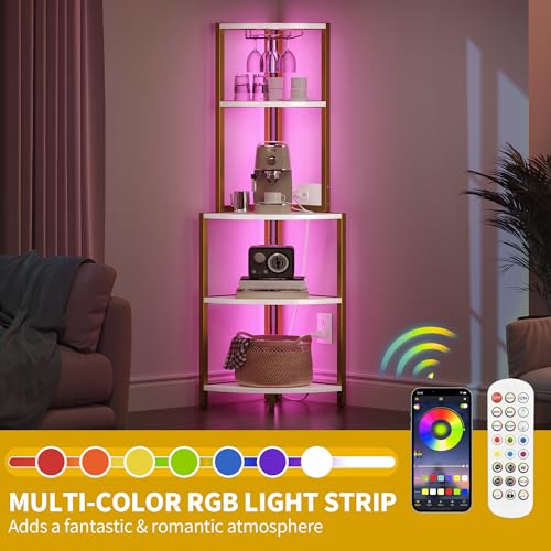 DWVO Corner Shelf with Power Outlets & LED Lights & Glass Holder, 5 Tier Corner Bar Rack, Vintage Wine Rack Display Shelves for Living Room, Dining Room, Kitchen, Gold