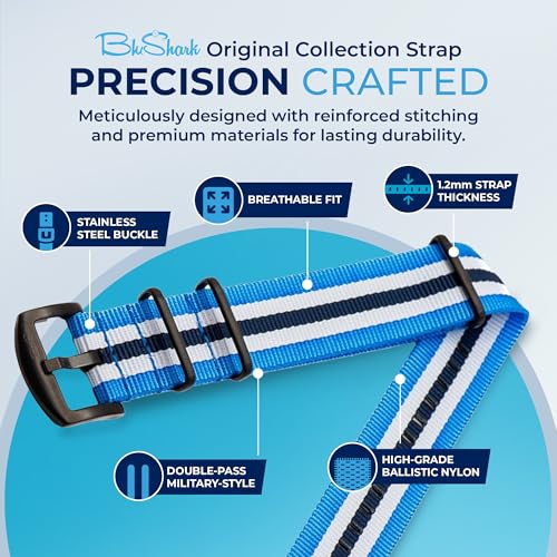 Image of BluShark - Original Collection Military-Style Waterproof Watch Strap, Fits All Timepiece Brands, Durable Nylon Wristwatch Accessories with Stainless Steel Buckle - 18mm, 20mm, 22mm & 24mm Watch Bands