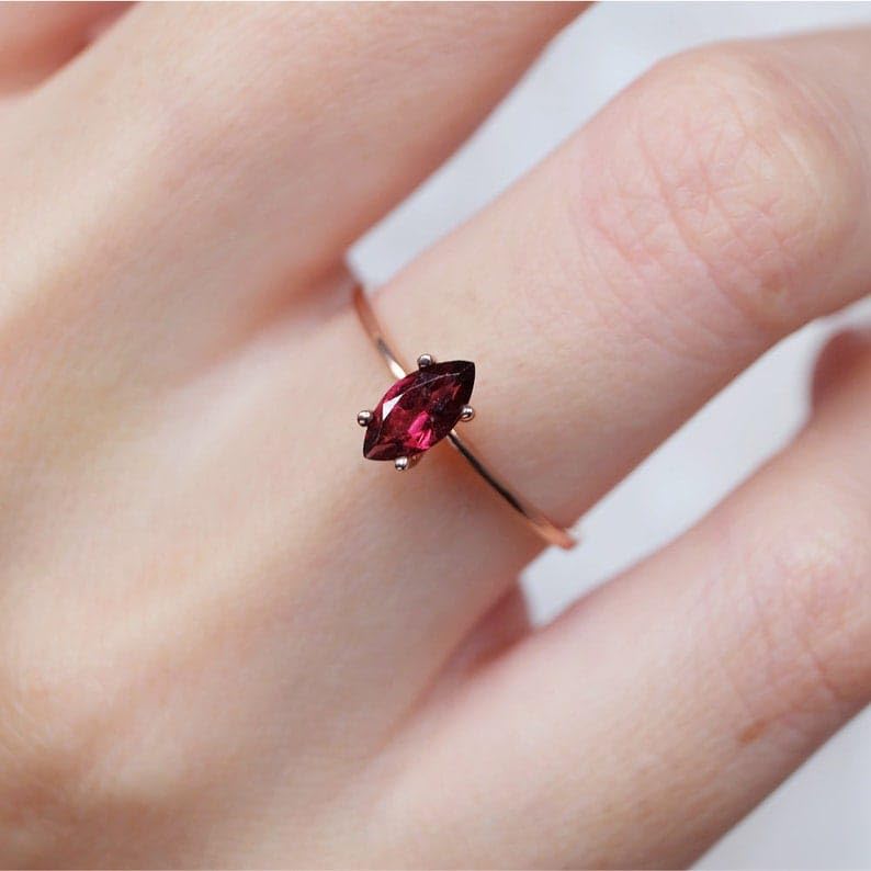 Marquise Rhodolite Garnet Ring in 14K Rose Gold, January Birthstone Ring, Dainty Minimalist Garnet Ring, Handmade Stacking Jewelry - GJH1283