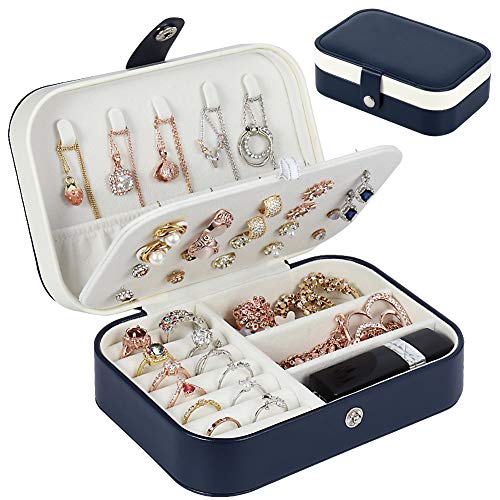 jiemei Jewelry Box, Travel Jewelry Organizer Cases with Doubel Layer for Womens Necklace Earrings Rings and Travel Accessories (Dark Blue)