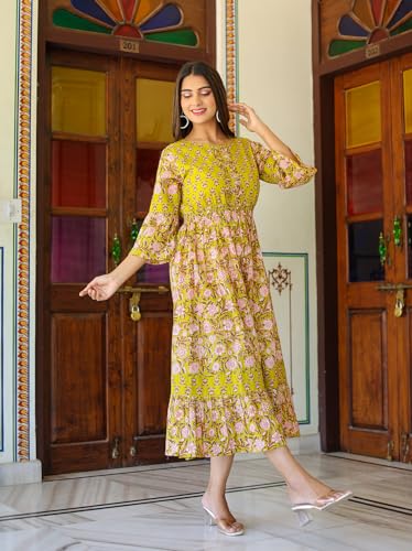Image of Yash Gallery Women's Cotton Floral Printed Anarkali Maxi Dress