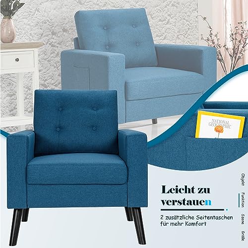 COSTWAY Sessel mit 2 Seitentaschen, Ohrensessel mit Armlehnen und Rückenkissen, Einzelsofa gepolstert, Fernsehsessel Relaxsessel Clubsessel, für Wohnzimmer, Schlafzimmer & Büro, modern (Blau) – Bild 6