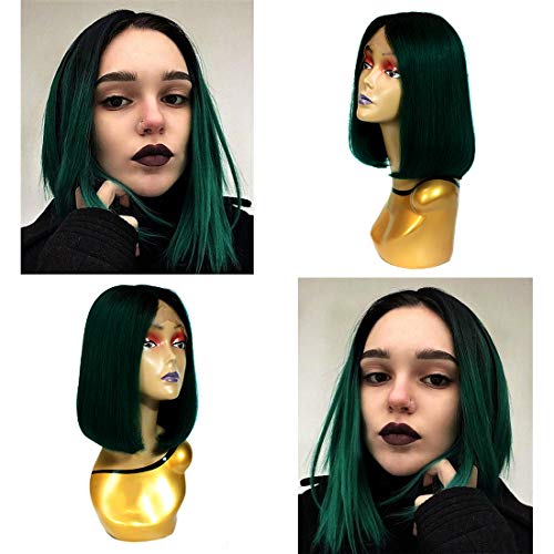 WIGENIUS Brazilian Short Human Hair Bob Wigs 150% Density Ombre Green Cut Bob Wigs Dark Roots Straight Center Part Lace Wigs with Pre-plucked Hairline 12 inch (T1B/Green)