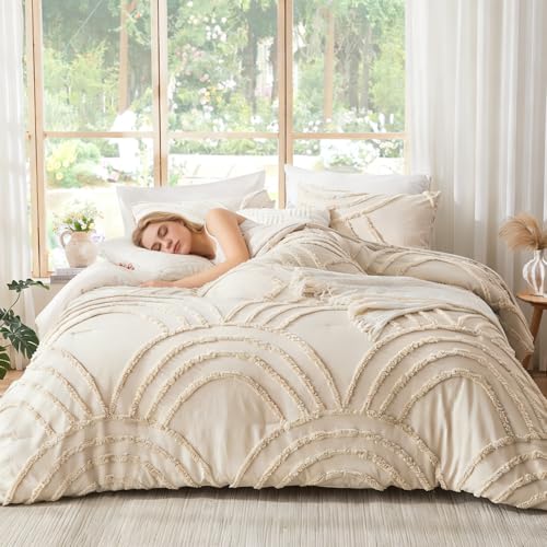 Image of ENJOHOS Boho Comforter Set 3PC, Full Size, Beige, Dorm Bedding Sets for College Girls, Tufted Rainbow Design, Fluffy Lightweight Breathable Microfiber Comfoter