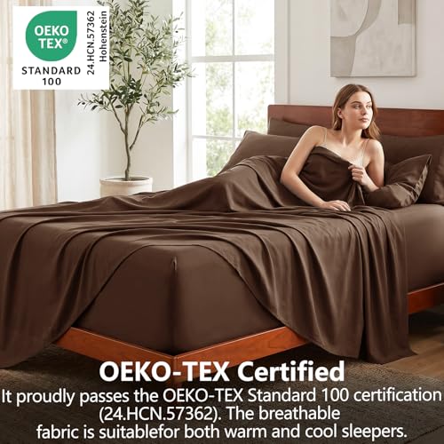 Image of CozyLux 6-Piece Cal King Sheet Set, Fits 18-21 Inch Mattresses, Oeko-TEX | 4 Pillowcases, 1 Flat Sheet and 1 Fitted Sheet with All-Around Elastic and 21-Inch Deep Pocket for a Secure Fit, Brown