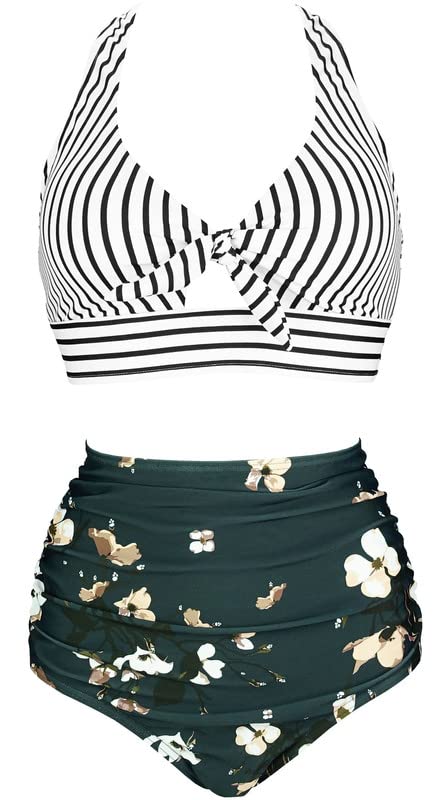 COCOSHIP Black White Striped Bloom Floral Retro Front Tie Superband High Waist Two Piece Bikini Set Cruise Swimwear Plus Size 18