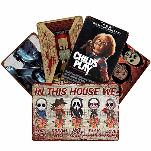 AKBOK Vintage Horror Movie Tin Sign Retro Creepy Classic Scary Movie Film Metal Poster Sign Home Man Cave Movie Theater Wall Decor 5 Pcs 8×12 Inches - Horror Movie - 5