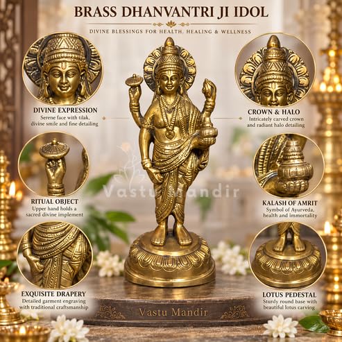 Image of Brass Dhanvantri Idol, Vastu Remedy for Health & Healing (19 cm, 1.1 kg)