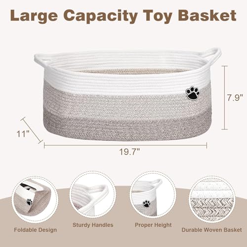 Image of Optish Dog Toy Basket, 30L Toy Box and Bin for Dog Cat Storage, 19.7 inch X 11 inch X 7.9 inch Large Woven Rope Basket for Blanket Storage, Living Room, Bedroom, White & Brown
