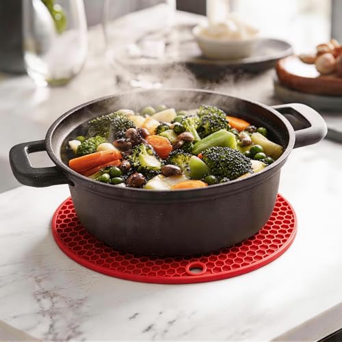 Image of Silicone Trivet Mats,Heat Resistant Pot Holders, Multipurpose Non-Slip Hot Pads for Kitchen Potholders, Hot Dishers, Jar Opener, Spoon Holder, Food Grade Silicone(red Size Round 7''x7'')
