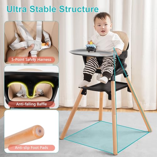 Image of High Chair, 6 in 1 Wooden Convertible High Chairs for Babies and Toddlers, Booster Seat with Double Tray & Reversible Footrest Baby Highchair, 5-Point Harness Baby Feeding Chair, Black