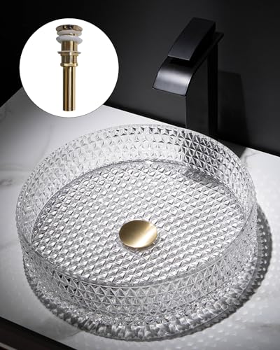 Homary Lavabo vasque rond en verre cristal transparent, apparence diamant, à poser sur un plan, drain à pression, 39 x 11 cm