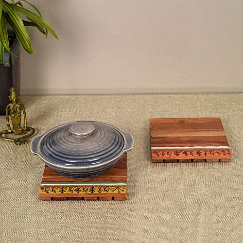 Image of AAKRITI ART CREATIONS Rustic Square Wooden Trivets | Floral Art | Brown Rosewood Trivets Set of 2 | Matte Finish Heat Resistant Coasters | for Dining Table & Kitchen
