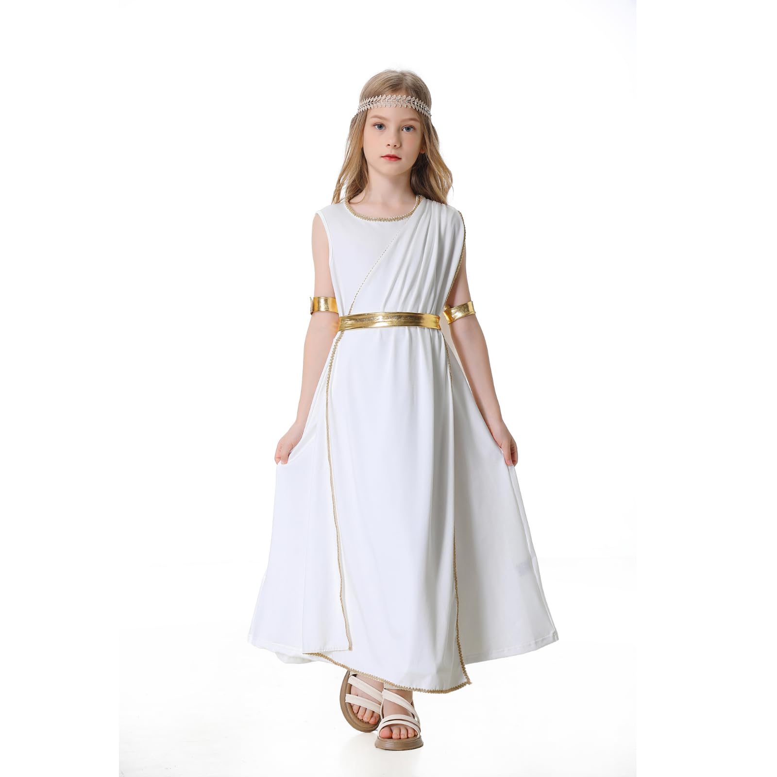 DELIVESS Kids Athena Goddess Costume Set Dress with Headpiece 2 Wrist Cuffs and Belt for Girls Halloween Parties Outfit 4 Pcs (Gold Belt