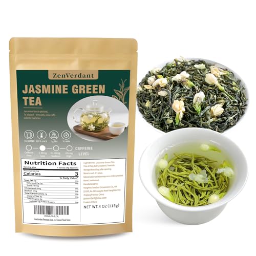 ZenVerdant Jasmine Green Tea, 4 Oz, Real Jasmine Flowers, Low Caffein