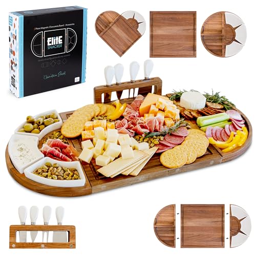 Large Wooden Charcuterie Board Set (Sealed Clear Finish) - 3-Piece Magnetic Long Serving Board Tray with Charcuterie Accessories - Acacia Wood Cheese Platter with Cheese Knife Set & Dishes - Brown