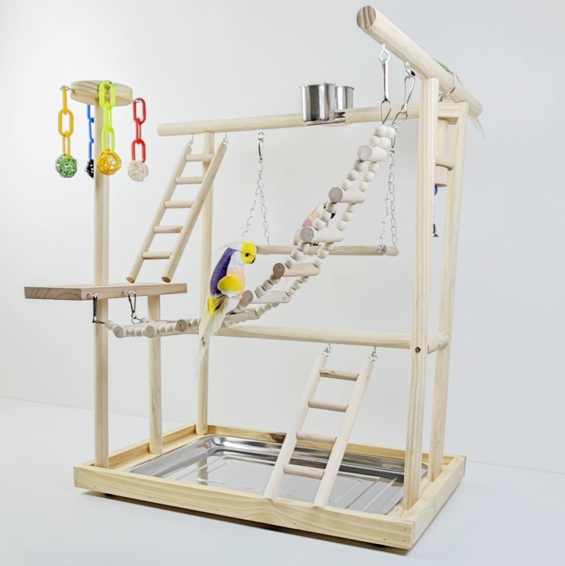 TEMU-SC Parque de Juego para Pájaros de Madera, Gimnasio para Pájaros, Juego de Ejercicio con Plataforma de Formación y Corralito (48 * 33 * 54,5CM)